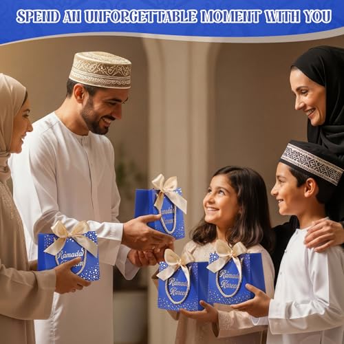 Glenmal 60 Pcs 5.51x2.36x4.72'' Ramadan Gift Bags Ramadan Mubarak Blue Paper Party Bags Eid Mubarak Treat Goodie Bag with Handle and Ribbon for Ramadans Kareem Eid Mubarak's Party Supplies - color: Blue, size: 1 count (Pack of 60)