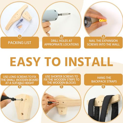 Chunful Backpack Rack Wood Wall Mount Backpack Hanger Heavy Duty Wall Mounted Rustic Wooden Hook Organizer for Hanging Backpacking Traveling Bag Clothes Coats