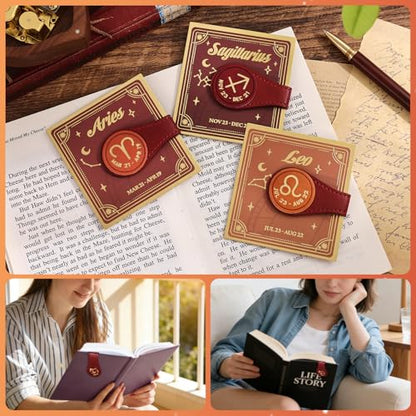 3 PCS Leather Magnetic Bookmark Clips, Zodiac PU Leather Bookmarks for Book Lovers, Full Set of Book Clip Accessories, Fire Sign - style: Fire Signs Constellation