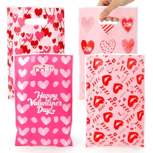 Valentines Treat Bags, 100PCS Valentines Gift Bags with Handles, 7x10 Inch Plastic Happy Valentine's Day Goodie Cookie Candy Bag for Valentine's Day Wedding Anniversary Engagement Party Favor Supplies - color: Valentine, size: 1 Count (Pack of 100)