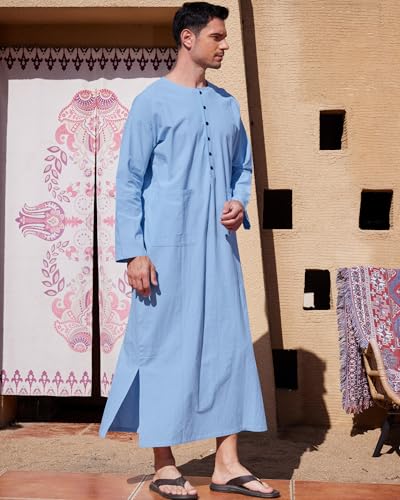 YAOHUOLE Kaftan for Men Long Sleeve Muslim Men Thobe Kaftan Thobe with Pockets - color: Blue, size: XX-Large
