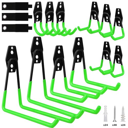 15-Piece Garage Wall Hooks with 3 Extension Straps, Green Heavy Duty Tool Storage Rack for Ladder, Bike, Shovel, Garden Tools, Metal Wall Mount Organizer Set - style: 15-Pack Hooks + 3 Straps（green）