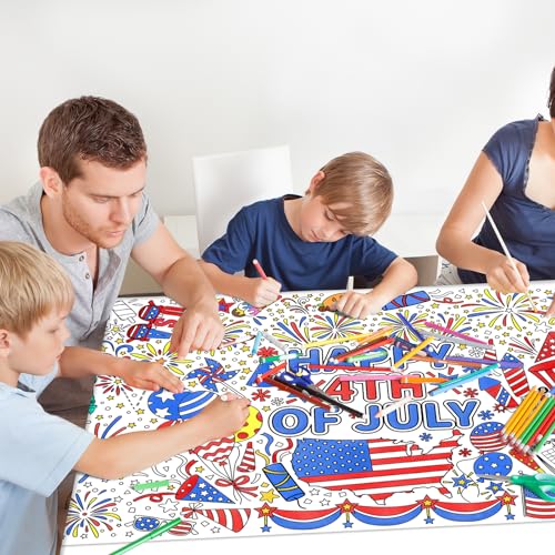 Gatherfun 7월 4일 컬러링 식탁보 | 애국적인 자이언트 포스터 80.9 x 182.9cm(31.5 x 72인치) | 독립 기념일 장식 및 활동에 이상적 | 교실 벽 또는 학교 파티 테이블 커버를 위한 미국 국기 테마 - style: 독립 기념일