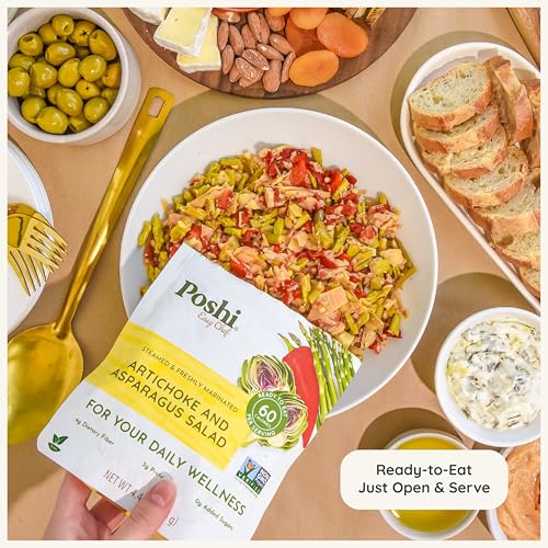 POSHI Artichoke & Asparagus Salad Natural, Keto, Vegan, Non GMO, Low Carb + Calorie, Gluten Free, Ready to Eat, Fully Cooked Vegetables, Pentry Food, Gourmet, Healthy, Travel Food, 6 Pack, 4.4 oz - size: 4.4 Ounce (Pack of 6)