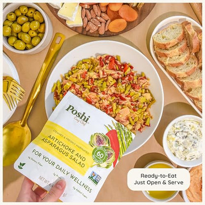 POSHI Artichoke & Asparagus Salad Natural, Keto, Vegan, Non GMO, Low Carb + Calorie, Gluten Free, Ready to Eat, Fully Cooked Vegetables, Pentry Food, Gourmet, Healthy, Travel Food, 6 Pack, 4.4 oz - size: 4.4 Ounce (Pack of 6)
