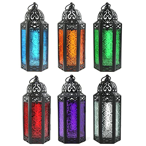Vela Lanterns Decorative Indoor Moroccan Holders, Assorted Colors, M, 6-PK | Candle Lantern Centerpieces for Tables, Set of 6, Bulk Wedding Lanterns, Turkish Votive Tealight Lamp, 10.5in Tall - color: Black/Assorted, size: Medium