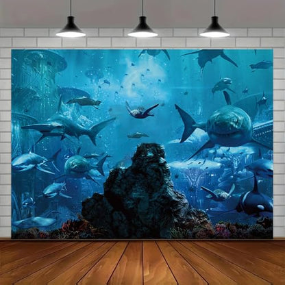 7x5FT Shark Under The Sea World Photo Backdrop Aquarium Reef Photography Background Banner Polyester Fabric Studio Props Booth Video Shooting Decorations Supplies