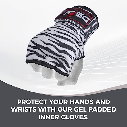 DEFY Padded Inner Gloves Quick 75cm Long Strap – Inner Boxing Gloves Gel Padded Knuckle Protection – Elasticated Boxing Hand Wraps for MMA Muay Thai Kickboxing Martial Arts Pair - color: Zebra, size: Large