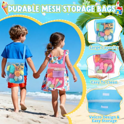 EULRGAUS Beach Toys with 2 Trucks, Collapsible Buckets for Kids Ages 3-12 | 2 Construction Vehicles, Sand Molds, Mesh Bags for Sandbox, Backyard, Summer Trips, Beach Games, Multi-Scene Outdoor Fun