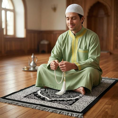Kufi 모자 및 Tasbih 99개의 비즈가 있는 무슬림 기도 매트 세트, 휴대용 이슬람 기도 러그 여행용 접이식 사자다, 통기성 있는 타키야 모자, 라마단 이드 이슬람 선물 남성 여성용