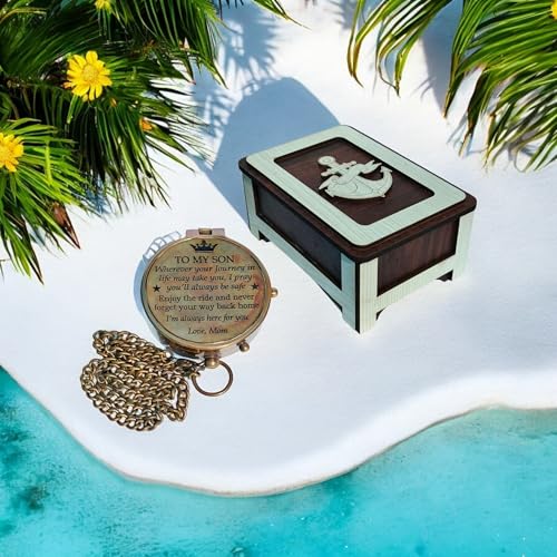 Deocar Engraved Brass Compass with Inspirational Quotes and Wooden Box –Gift for Son, Husband, Grandson, or Travelers – Ideal for Birthdays Graduation Christmas or Special Occasions - style: Love Mom