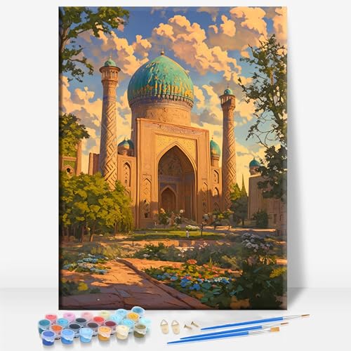 Aeontinity BIBI KHANYM Mosque SAMARKAND Islam Framed Canvas DIY Paint by Numbers Kit Bar Cafe Cave Home Room Wall Bathroom Porch Patio Decor Gift, 16 x 12 Inch - color: BIBI KHANYM MOSQUE SAMARKAND