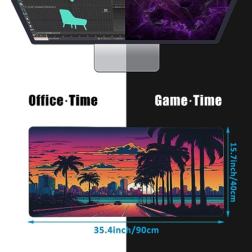 Mouse Pad,Orange Purple Miami Landscape Desk Mat for Desktop,Desk Pad with Non-Slip Base and Stitched Edge,Extended Mousepad for Office and Home 35.4X15.7 Inch - color: Miami Landscape