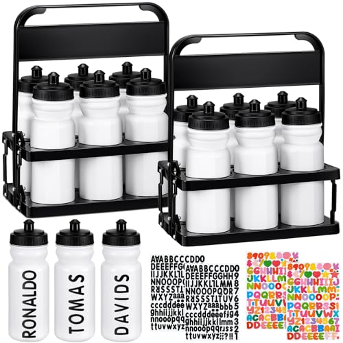 Suclain Water Bottle Carrier with 20 Oz Bottles and Stickers Plastic Wide Mouth Sports Water Bottle Squeeze Team Bottles with Black Lid for Fitness Bike Gym(14 Pcs,White) - color: White