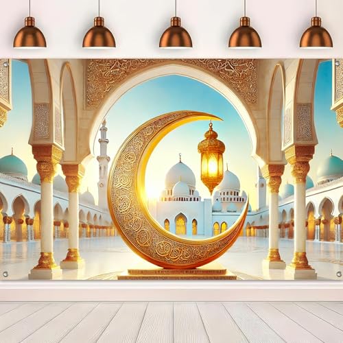 BlissYard Ramadan Banner Eid Mubarak Decoration 71x43 Inch Crescent Moon Lantern Mosque Dome Islamic Wall Art Ramadan Kareem Backdrop for Muslim Festival Indoor Outdoor Spiritual Party Display