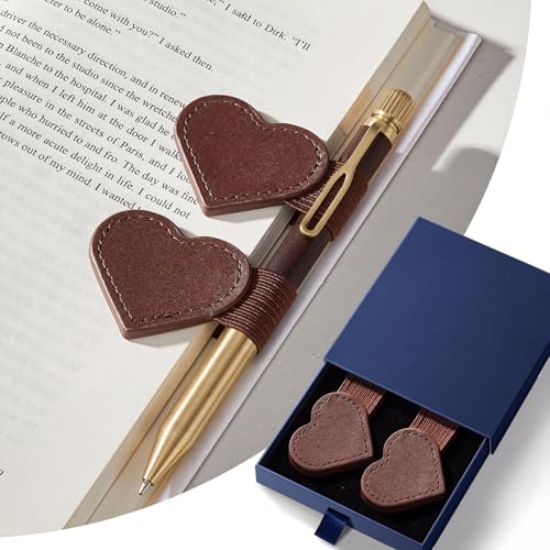 2Pcs Magnetic Leather Bookmarks with Gift Box Heart-Shaped Magnetic Pen Holder Book Marks Clip Gift for Book Lover Readers Cute Bookmark for Women, Brown - color: Brown