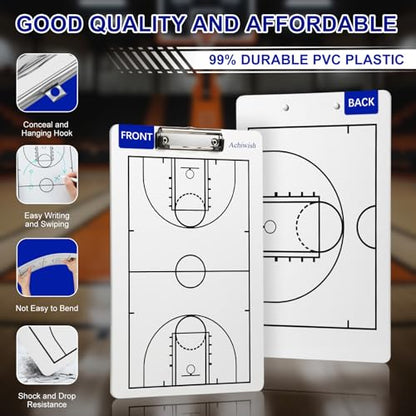 Basketball Clipboard for Coaches, Double-Sided Dry Erase Board | Full and half-court layouts on a lightweight, flexible PVC board with metal clip; marker and eraser are not included. - style: Basketball
