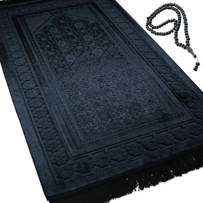 Modefa Velvet Prayer Rug - Soft Plush Turkish Janamaz Sajada Carpet for Men and Women - Plain Solid Prayer Mat Ramadan Eid Gift - with Prayer Beads - Luxury Floral Stamp (Black) - color: Black