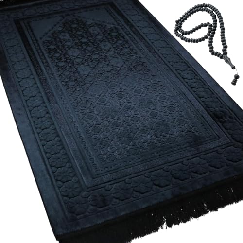 Modefa Velvet Prayer Rug - Soft Plush Turkish Janamaz Sajada Carpet for Men and Women - Plain Solid Prayer Mat Ramadan Eid Gift - with Prayer Beads - Luxury Floral Stamp (Black) - color: Black