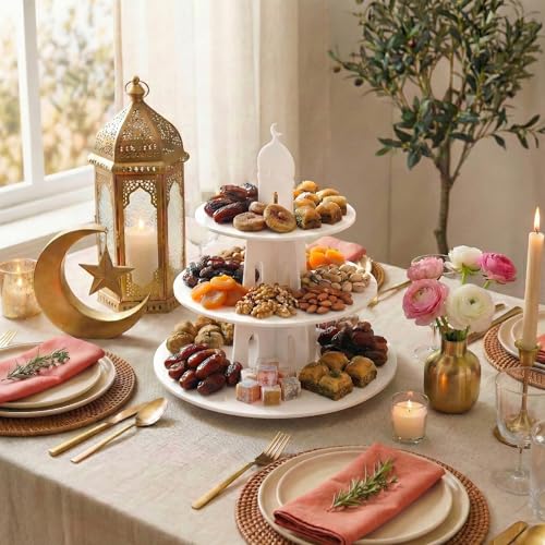 Iwa Concept Ramadan 3-Tier Dessert Stand with Dome Silhouette – Eid Mubarak Table Centerpiece, Islamic Acrylic Tower for Dates, Sweets & Pastries, 12in or 17.7in, 4 Colors - color: White, size: 17.7" x 17.7"