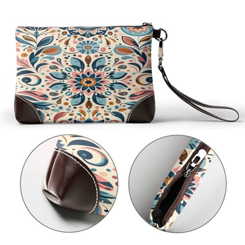 Leather Clutch Purse for Women, Large Capacity Wristlet Wallet with Removable Strap, Zip Handbag - color: Scandinavian Folk Art