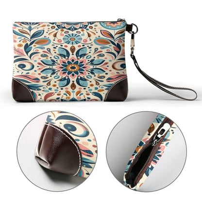 Leather Clutch Purse for Women, Large Capacity Wristlet Wallet with Removable Strap, Zip Handbag - color: Scandinavian Folk Art