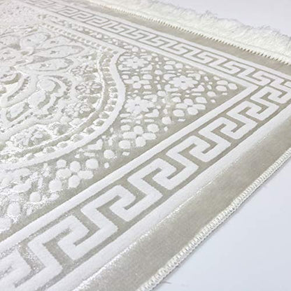 Modefa Luxury Velvet Prayer Rug with Prayer Beads | Soft Elegant Muslim Turkish Janamaz Sajada Carpet for Men and Women | Plain Solid Prayer Mat Ramadan Eid Gift - Paisley (Vanilla Creme) - color: Vanilla Creme