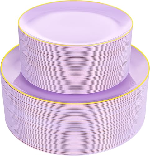 PULOTE 100PCS Purple Plastic Plates Disposable - Include 50 Dinner / 50 Dessert Plates Heavy Duty for Party, Wedding&Birthday - color: Light Purple