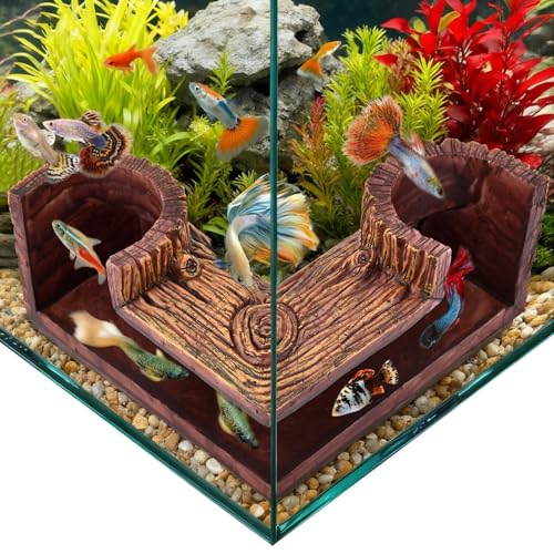 Aquarium Cave, Dual Hole Underground Resin Stump Fish & Shrimp Hideout Tunnel, Natural-Looking Wood-Like Fish Hideout for Aquarium for Betta, Loaches, Corydoras(5.3" × 5.3" × 2.6")