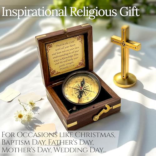 Trust Lord Compass – Religious Brass Compass Gift with Bible Proverb Engraved – Christian Inspirational Gift for Men, Faith-Based Graduation, Birthday, Gift for Son, Holy Gift - style: Trust Lord - Brown Locket