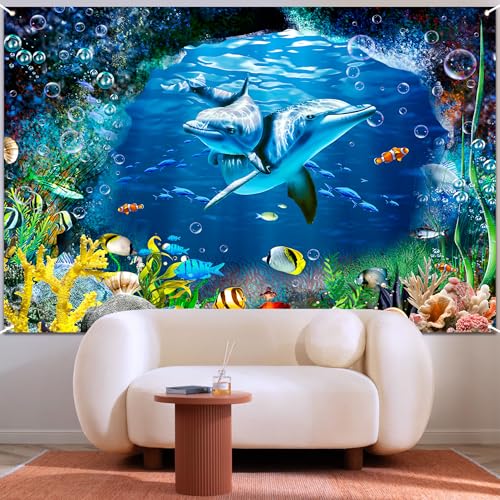 Ocean Dolphins Backdrop 20x10 FT Under the Sea Cave Photo Backdrops Underwater Corals Fish Party Decorations Background Kinds Adult Baby Shower Birthday Photo Booth Props - size: 20x10 FT