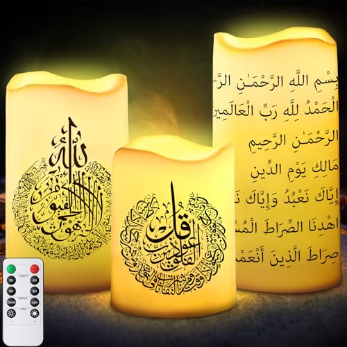 Tujoe 3 Pcs Eid Mubarak Flickering Flameless Candles Ramadan Decor Eid Mubarak LED Battery Operated Candles Candle Lights for Muslim Eid Ramadan Decor for Home - style: Classic