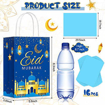 Censen 16 Sets Eid Mubarak Gift Bags with Tissue Paper, Ramadan Goodies Bags for Ramadan Party Supplies Favor (Blue) - color: Blue
