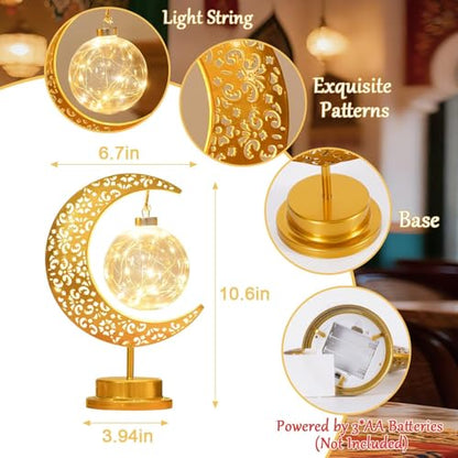 Moon Lamp with Hanging Globe, Decorative Crescent Moon Table Lamp Battery Powered, Retro Metal Islamic Decor LED Night Light for Bedroom Living Room, Gift for Women Birthday Christmas Boho Home Decor - style: Battery Powered Moon Lamp Ball