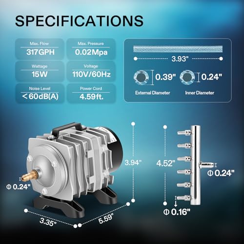 VIVOSUN 317GPH Aquarium Air Pump Commercial Air Pump with Aluminum Housing | 6 Outlet 15W 20 L/Min, Fish Tank Bubbler Pond Aerator for Aquariums, Ponds, Hydroponics - size: 7"×4"-317