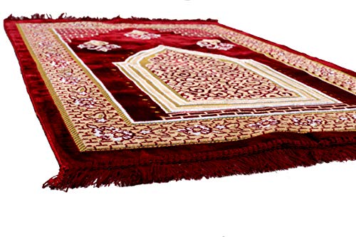 TB Muslim Prayer Rug, Islamic, Velvet Mat Ramadan Gift, with Prayer Bead Unique Decoration Gilded Gold-Like Embroidered for Women Man Kids Meditation Turkish African (Claret Red)