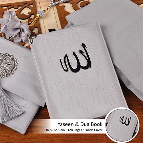 BABY SHOWER CHOCOLATE Prayer Rug Islamic Gift Set, Velvet Prayer Mat, Prayer Beads, Scarf and Yaseen Book, Perfect Family and Muslim Eid Gifts (Gray) - color: Grey