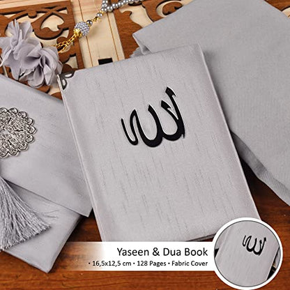 BABY SHOWER CHOCOLATE Prayer Rug Islamic Gift Set, Velvet Prayer Mat, Prayer Beads, Scarf and Yaseen Book, Perfect Family and Muslim Eid Gifts (Gray) - color: Grey