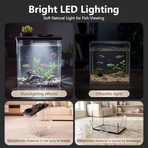 2 Gallon Betta Fish Tank Aquarium Starter Kit with Light and Lid(Black) | Premium Acrylic Aquarium with Light and Lid, Crystal Clear Starter Kit for Betta Fish, Shrimp, Snails and Small Fish - color: Black, size: 2 Gallon