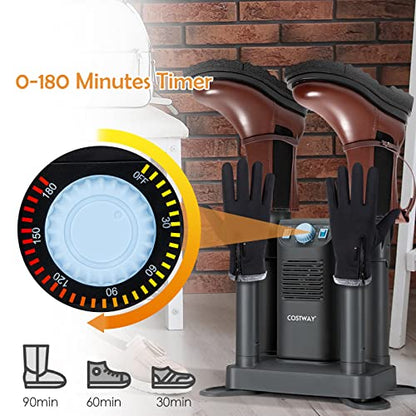 COSTWAY Boot Dryer, Shoe Dryers with 180 Mins Timer & Heating Blower, Ozone Disinfection, Extendable Design, Electric Shoe and Boot Warmer for Work Boots, Ski, Glove, Hats, Grey
