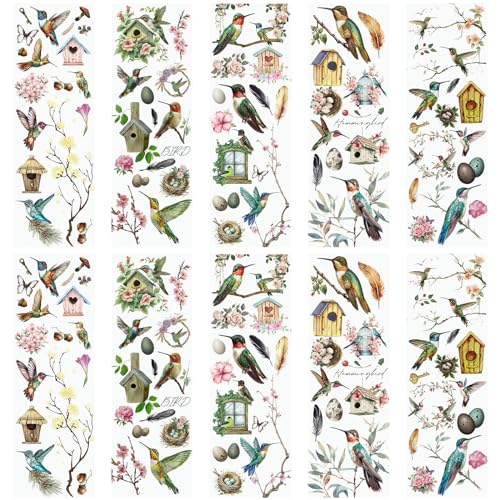 WANDIC 10 Sheets Rub On Transfer Stickers, Bees Birds Decals Fashionable Flower Waterproof Transfers for Furniture Table Water Bottle DIY Craft, 11.8 * 3.9in - color: Hummingbird