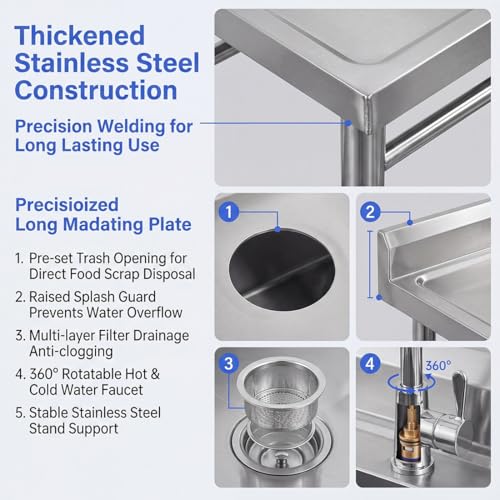 Commercial Stainless Steel Sink, Fish Cleaning Table with Trash Chute, Utility Portable Single Bowl Kitchen Hand Washing Station, Outdoor Free Standing Prep Table with Sink, Camping Basin Laundry Tub( - size: 120*60*80cm/47.2*23.6*31.4in
