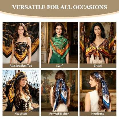 DRESHOW 35” Large Square Satin Head Scarf - 4Pcs Silk Accessories Classic Patterned Squares Beach Bandanas for Women - color: 4 Pcs Printed: Navy Blue, Black, Coffee, Dark Green