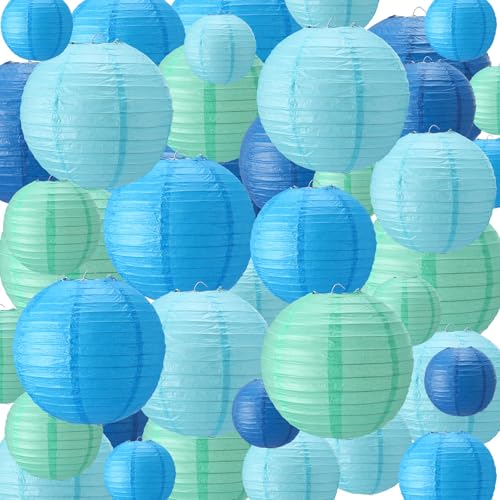 Treela 48 Pcs Paper Lanterns Party Decorations Chinese Lanterns Round Paper Decor 4/6/8/10 Inch Asian Hanging Lamps Decorative for Graduate Wedding Birthday Bridal Party Supplies(Blue Series) - color: Blue Series