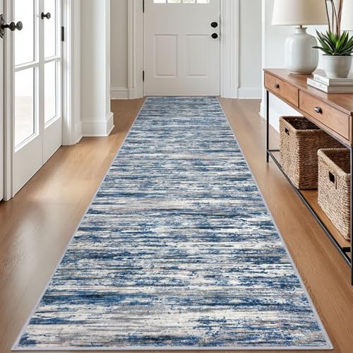 SIILOOM 2.6x12 Washable Runner Rug, Non Slip Area Rug for Hallway Kitchen - color: Navy Blue/Gray/Neutral/Multi, size: 2'7" x 12' (Runner)