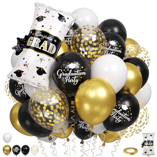 Black Gold Graduation Balloons, 60pcs Black White Gold Confetti Balloons with, Certificate Foil Grad Printed Balloon for Class of 2026 Graduation Decorations Celebration Party - color: Black Gold White