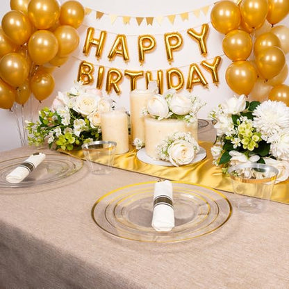 175PCS Clear Gold Plastic Dinnerware Set for 25 Guests, Fancy Disposable Plates for Party, Include: 25 Dinner Plates, 25 Dessert Plates, 25 Pre Rolled Napkins with Gold Silverware, 25 Cups - color: Clear and Gold