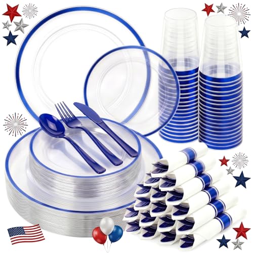 350pcs Plastic Plates for Labor Day Party Clear & Blue - color: Blue, size: 350pcs（50guests）