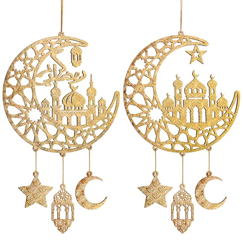 Hinsly 2 Pieces Ramadan Decoration Wood Islamic Moon Hollow Star Front Door Wall Signs, Muslim Sign Eid Mubarak Kareem Ornaments Hanging Crafts for Home Party Supply - color: New House