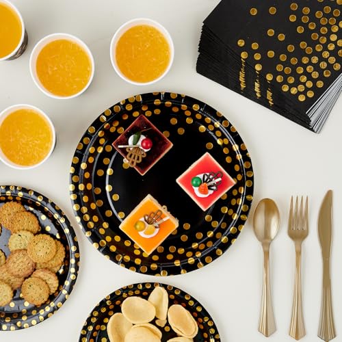 Black and Gold Party Supplies - 350 PCS Disposable Dinnerware Set - Black Paper Plates Napkins Cups, Gold Plastic Forks Knives Spoon for Halloween, Graduation, Birthday, Cocktail Party - color: Black & Gold